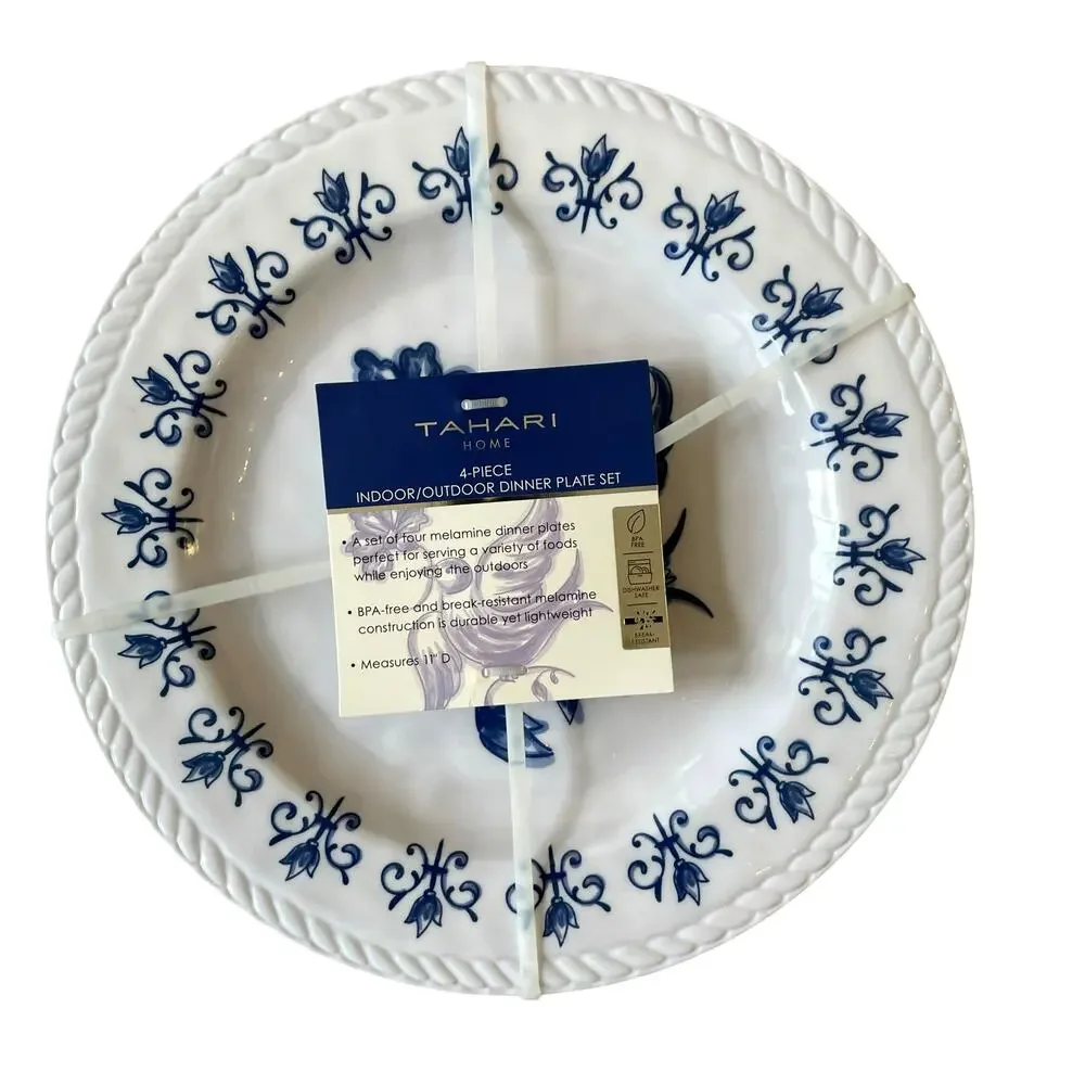 TAHARI Dove Bird of Peace Melamine Dinner Plates 11in  Set of 4 Blue & White NEW